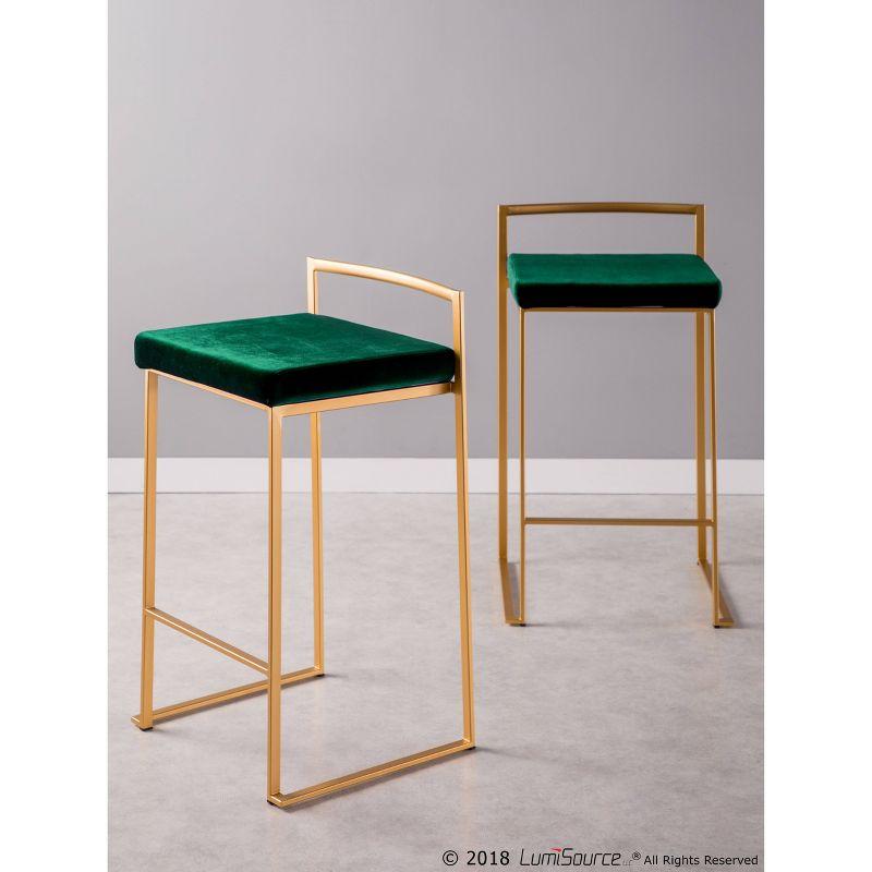 LumiSource Set of 2 27" Fuji Contemporary Counter Height Barstool Green: Velvet Upholstery, Metal Legs, Low Back