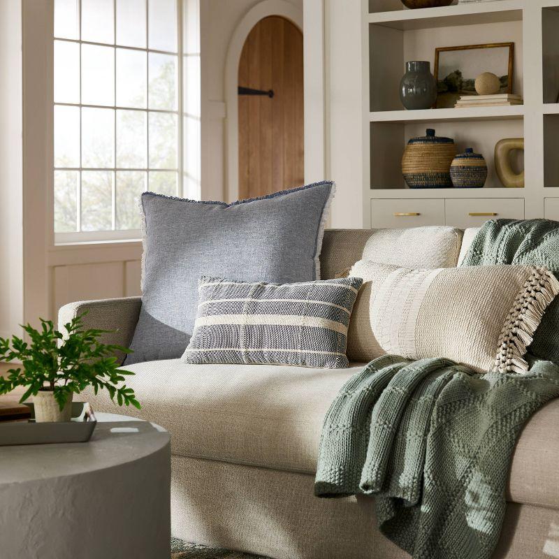 Oversized Reversible Blue and Cream Linen Square Throw Pillow