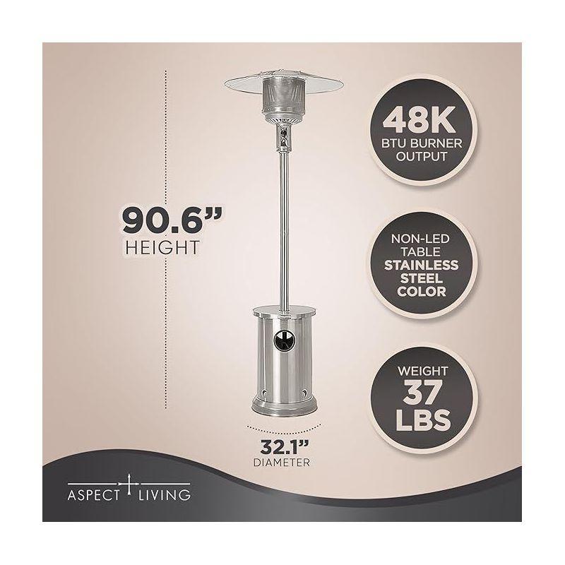 AspectLiving Patio Heater with Table 48,000 BTU Output Electronic Ignition System with Wheels- Stainless Steel