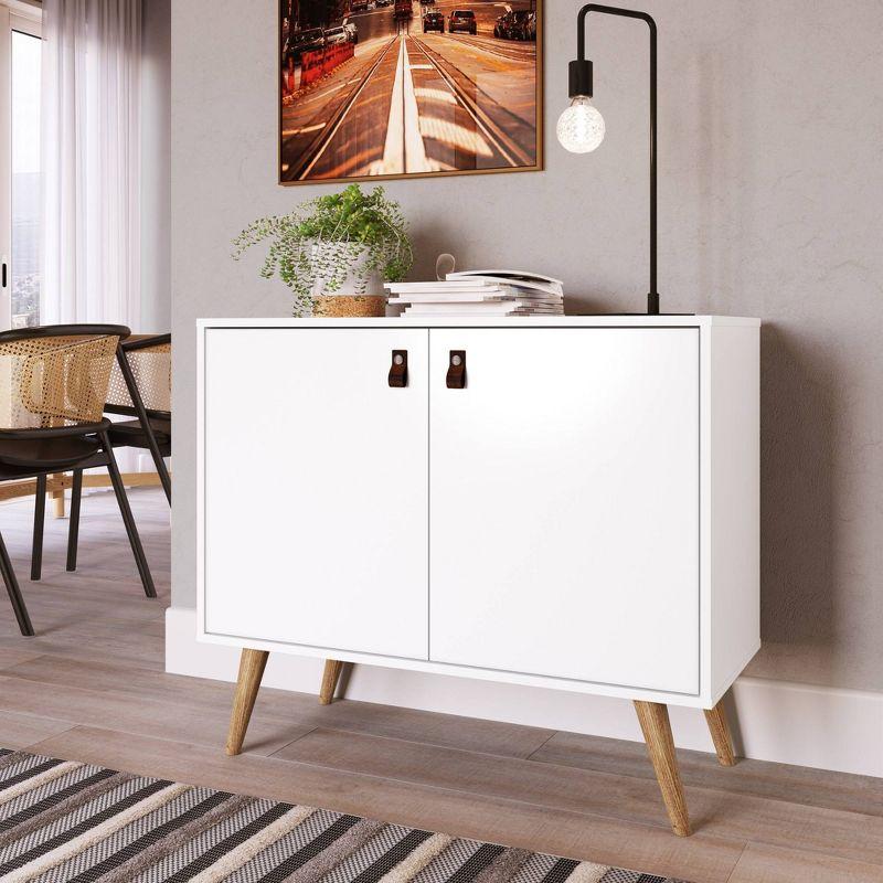 White Eucalyptus Wood Buffet Sideboard with Faux Leather Handles