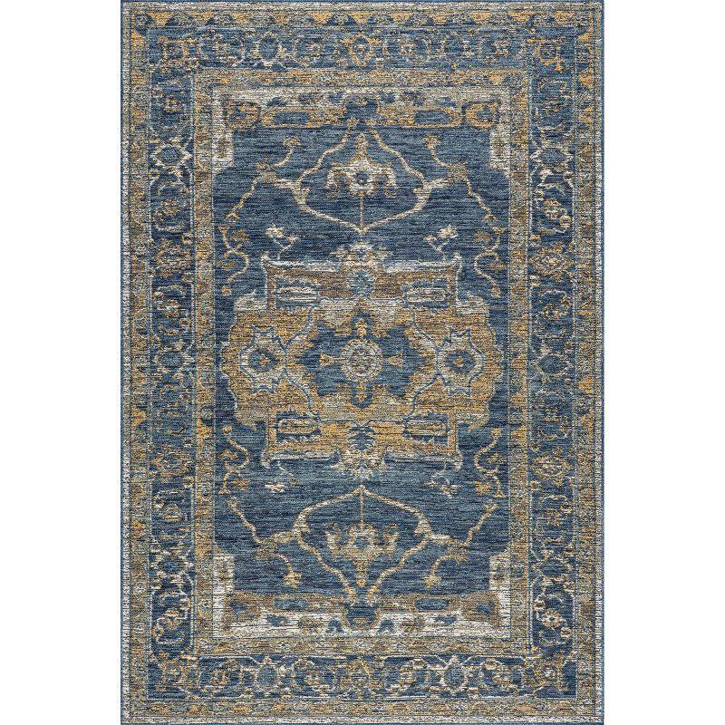 Blue and Yellow Reversible Medallion Synthetic Area Rug