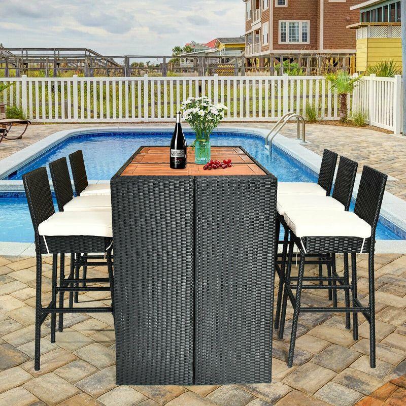 COSTWAY 7 PCS Patio Rattan Wicker Bar Dining Furniture Set wood Table Top 6 Stools