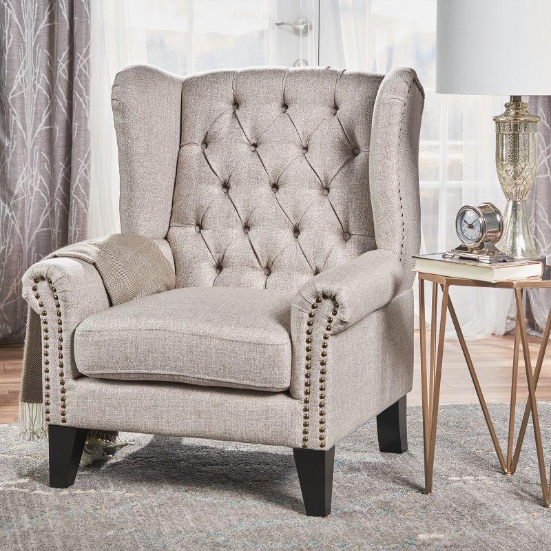 Beige Velvet Wingback Accent Chair with Wood Legs