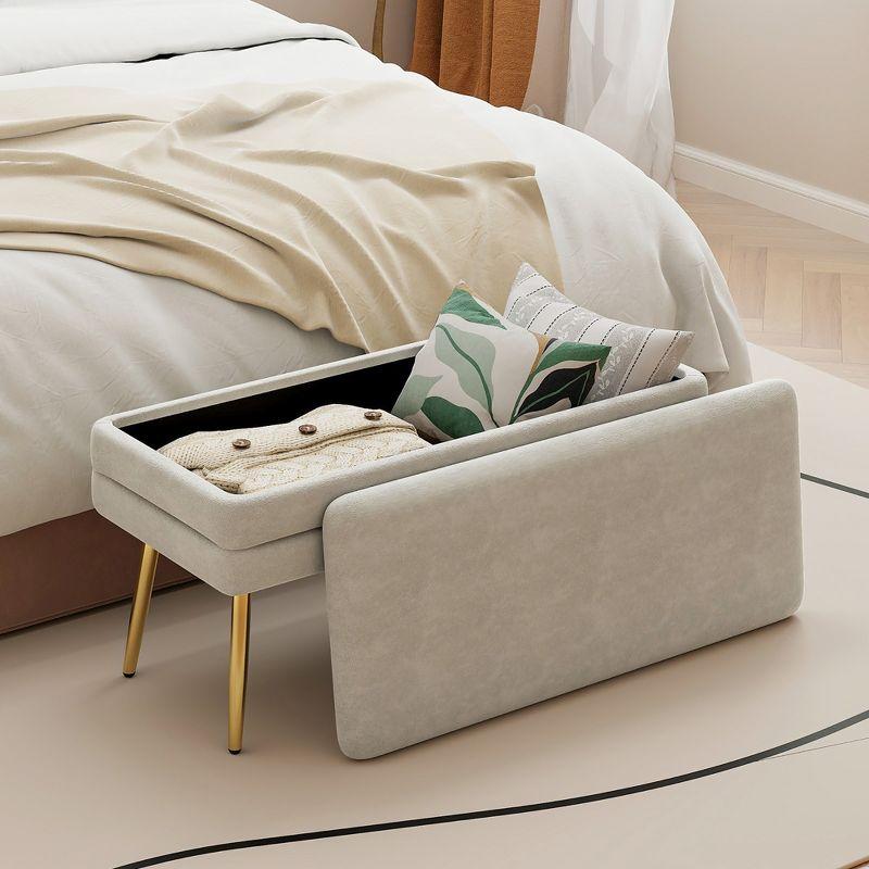 Tangkula Velvet Upholstered Storage Bench Bedroom Ottoman Bench w/ Removable Top Grey