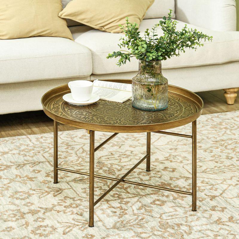 HOMCOM 24" Round Coffee Table with Hammered Tray Top, Vintage Metal Center Table for Living Room, Bedroom, Side Table, Gold