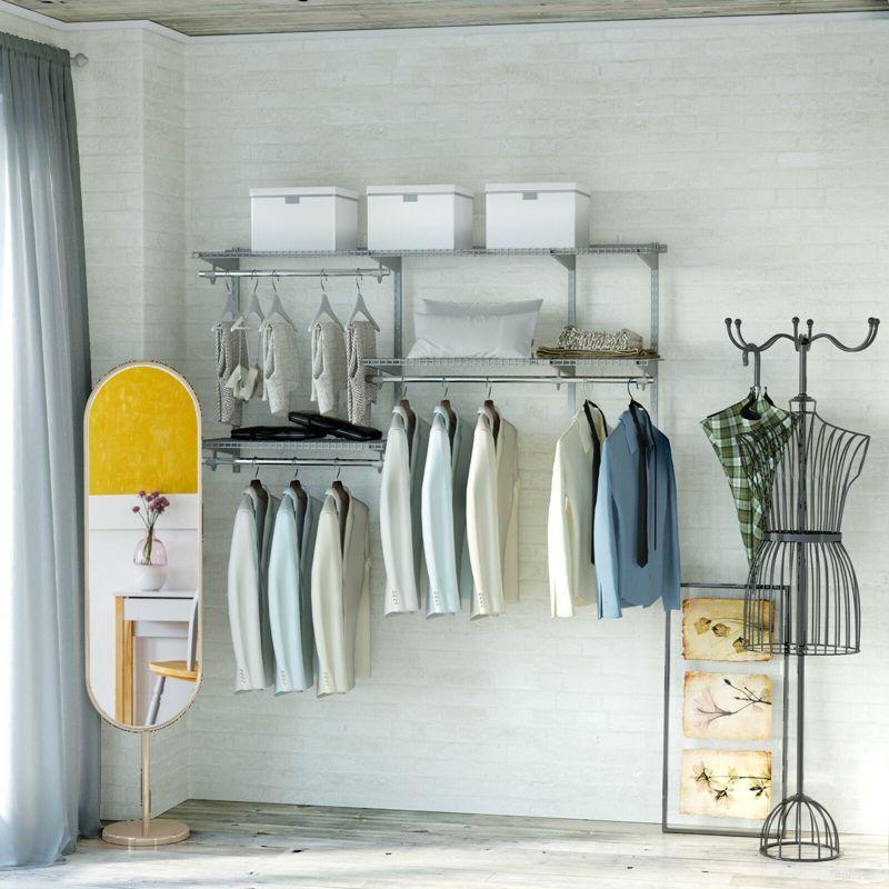 Adjustable Gray Steel Wall-Mounted Closet Organizer Kit with Hang Rod