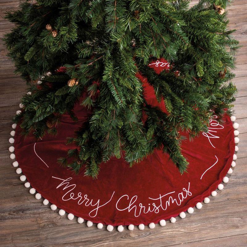 Christmas 50.0" Merry Christmas Tree Skirt Red Velour Pom Poms Stitching Primitives By Kathy  -  Tree Skirts