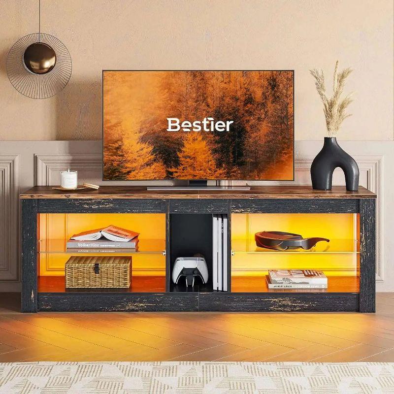 Bestier TV Stand for TVs up to 70" with LED Light, Entertainment Center for PS5 with Shelves, Black Marble