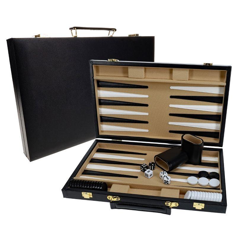 Elegant Black Leatherette Backgammon Set with Brass Latches