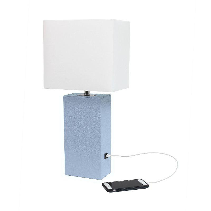 Periwinkle Leather Table Lamp with USB and White Fabric Shade