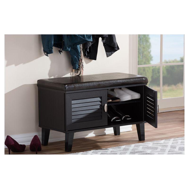 Sheffield Modern and Contemporary 2 - Door Wood Entryway Storage Cushioned Bench Shoe Rack Cabinet Organizer - Dark Brown - Baxton Studio