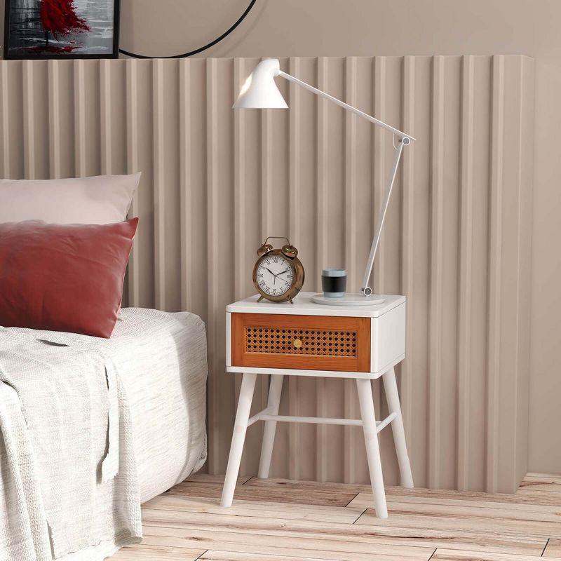 Costway 2 PCS Nightstand with Storage Drawer Rattan Decoration Solid Wood Legs for Bedroom