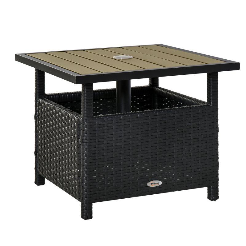 Outsunny 22'' Rattan Wicker Side Table with Steel Frame, Umbrella Insert Hole, Sand Bag for Outdoor, Patio, Garden, Backyard, Black & Tan