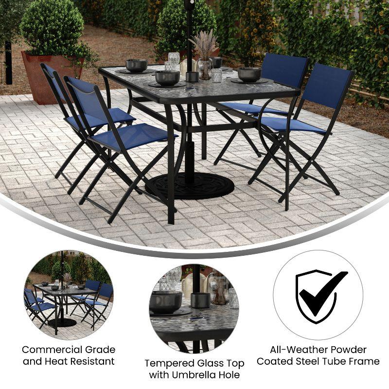 Flash Furniture Tory Commercial Grade 35" x 59" Rectangular Patio Table with Tempered Glass Top with Umbrella Hole and Steel Tube Frame in Black