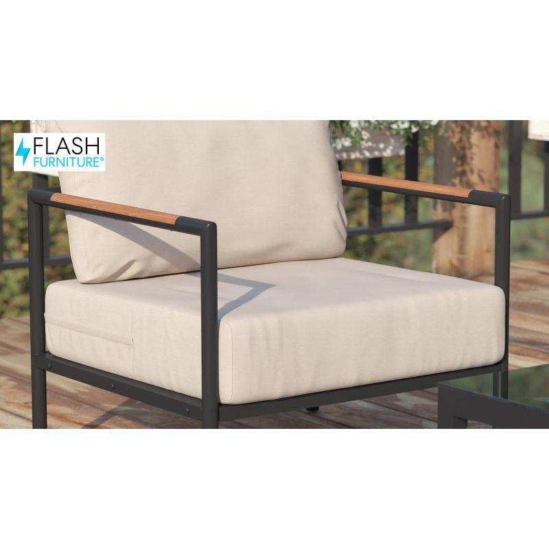 Flash Furniture Indoor/Outdoor Patio Chair with Cushions - Modern Aluminum Framed Chair with Teak Accented Arms, Black with Beige Cushions