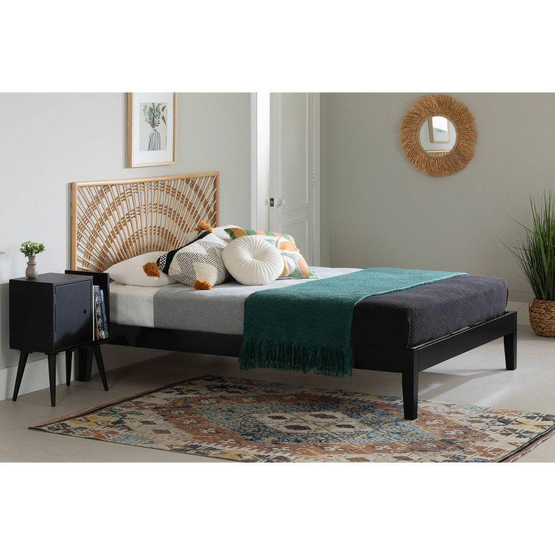 Full Black and Natural Wood Bed with Rattan Headboard