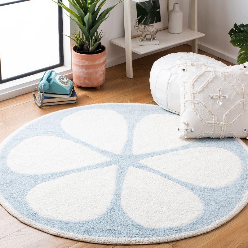 Ivory and Light Blue Round Tufted Wool Area Rug