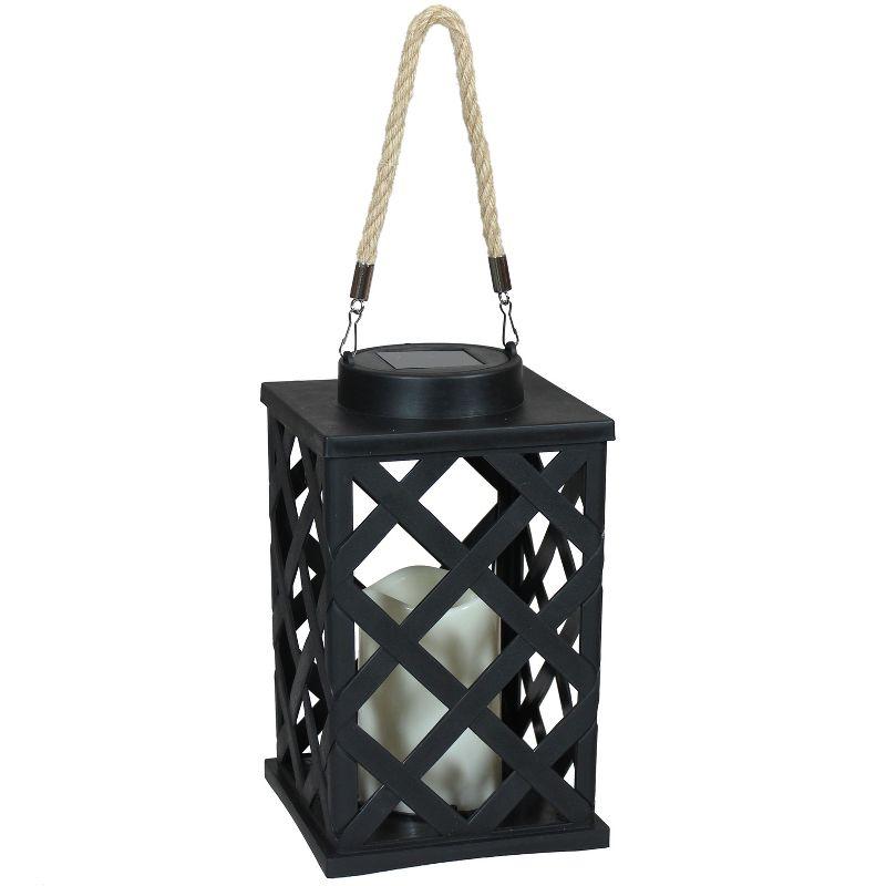 Black Crosshatch Solar LED Hanging Tabletop Candle Lantern