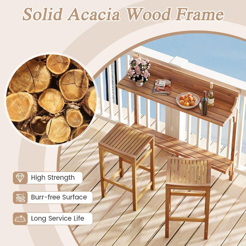 Tangkula 3 PCS Acacia Wood Balcony Table Set w/ Shelf Footrest Curved Wood Seat