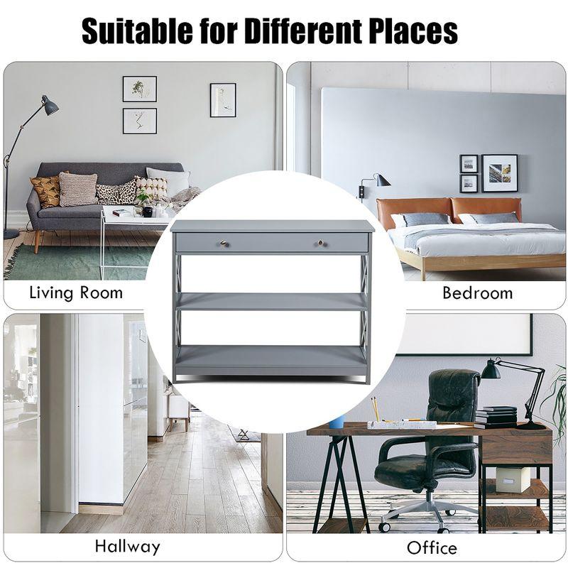Costway 3-Tier Console Table X-Design Sofa Entryway Table with Drawer & Shelves Gray