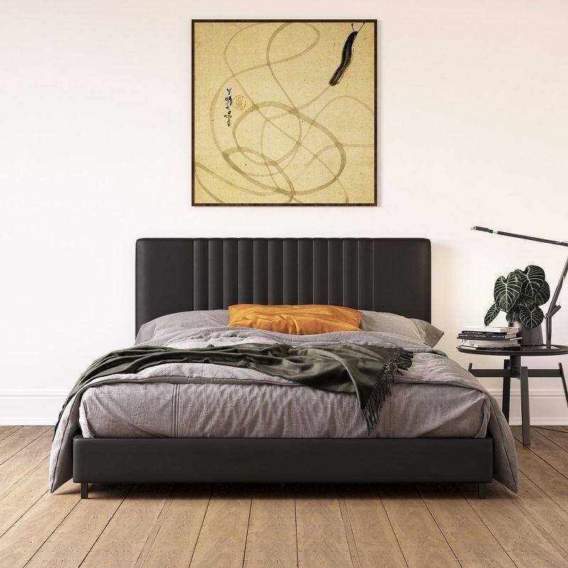 RealRooms Rio Faux Leather Upholstered Platform Bed with Tufted Headboard, Queen, Black