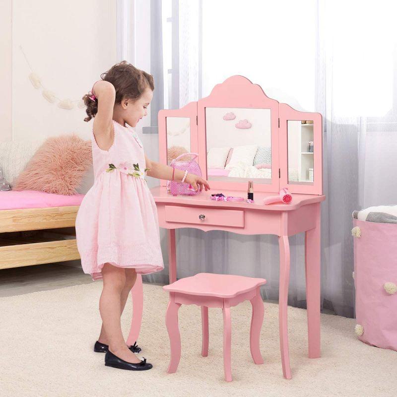 Infans Kids Vanity Table & Stool Princess Dressing Make Up Play Set for Girls Pink