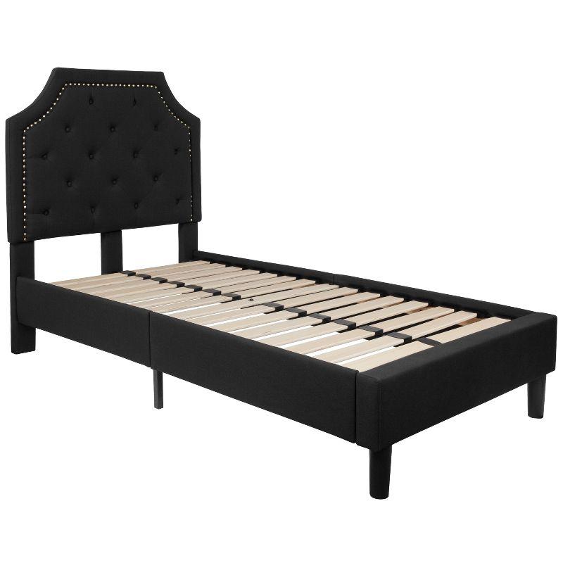 Elegant Twin-Sized Black Upholstered Bed with Tufted Headboard and Gold Nailhead Trim
