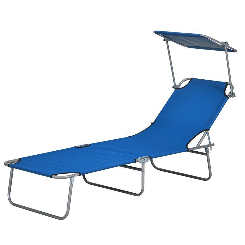 Outsunny Outdoor Lounge Chair, Adjustable Folding Chaise Lounge, Tanning Chair with Sun Shade for Beach, Camping, Hiking, Backyard, Blue