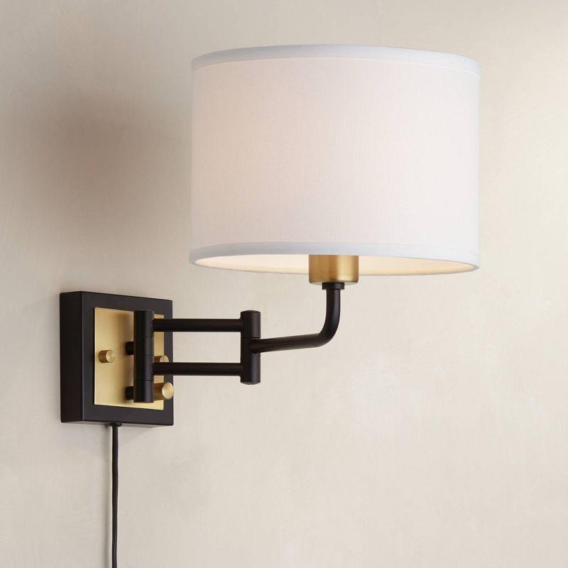 360 Lighting Joelle Modern Swing Arm Wall Lamp Brass Black Plug-in Light Fixture Fabric Drum Shade for Bedroom Bedside Living Room Reading Home House