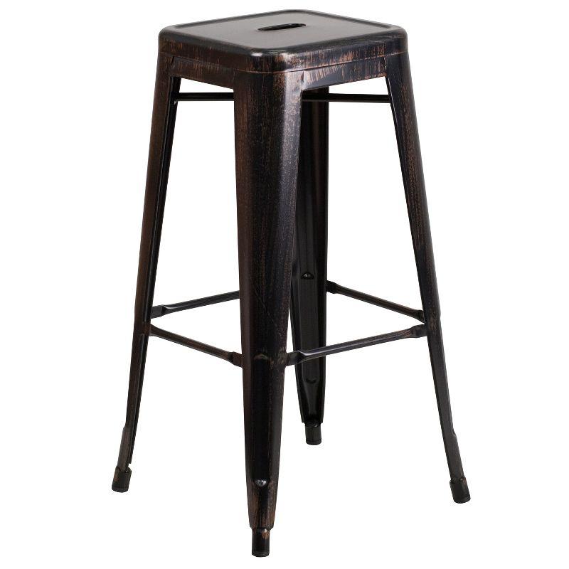 Flash Furniture Commercial Grade 30" Round Black-Antique Gold Metal Indoor-Outdoor Bar Table Set with 4 Square Seat Backless Stools