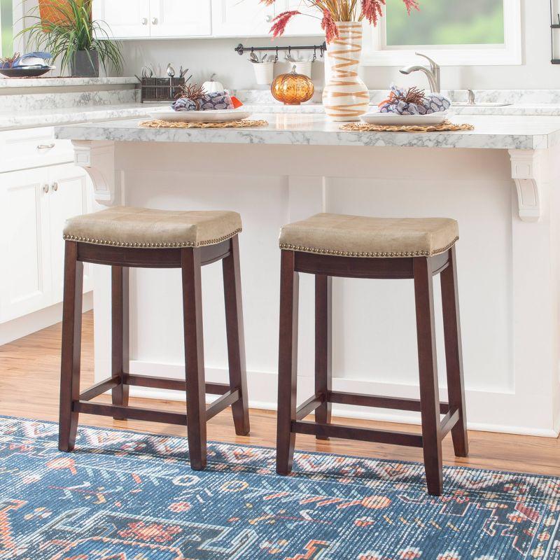 Beige Faux Leather Saddle Counter Stool with Wood Frame