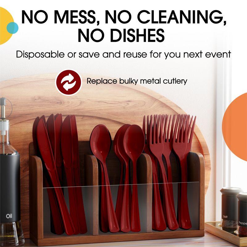 Exquisite Burgundy Plastic Utensil Cutlery Set Forks Spoons Knives- 150 Pack