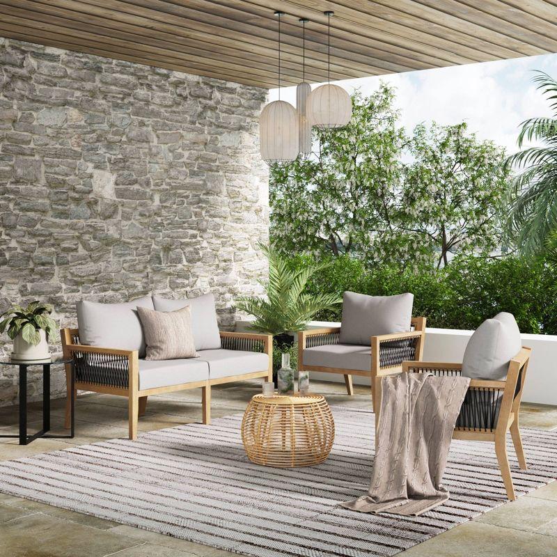 Nathan James 3pc Freya Bohemian Wood Outdoor Patio Conversation Set: Acacia Frame, UV-Resistant