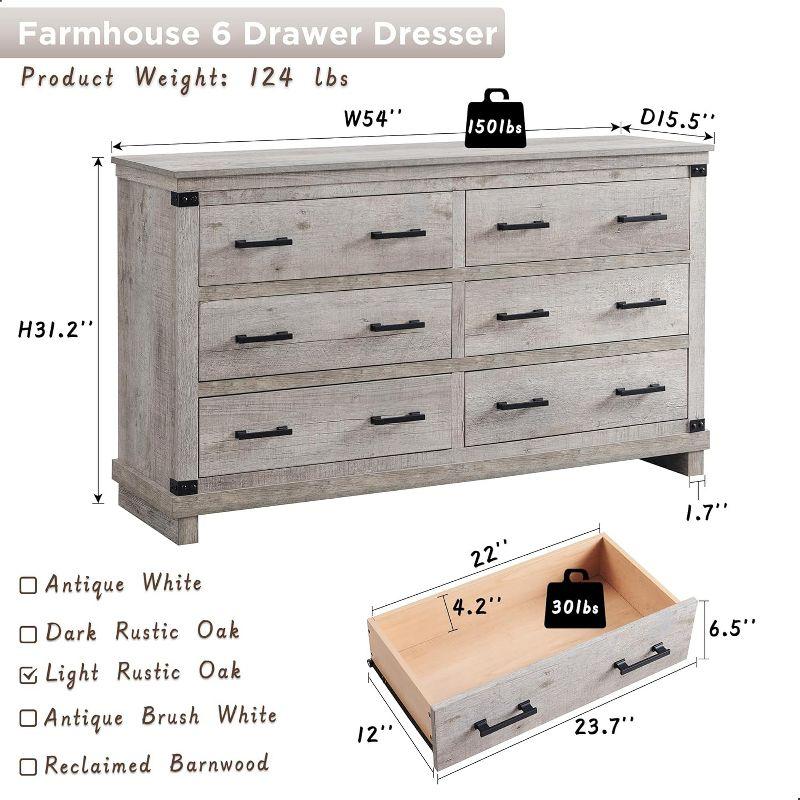 Farmhouse 6 Drawers Dresser, Large Wood Chest of Drawers with Handle for Bedroom, Living Room, Light Rustic Oak