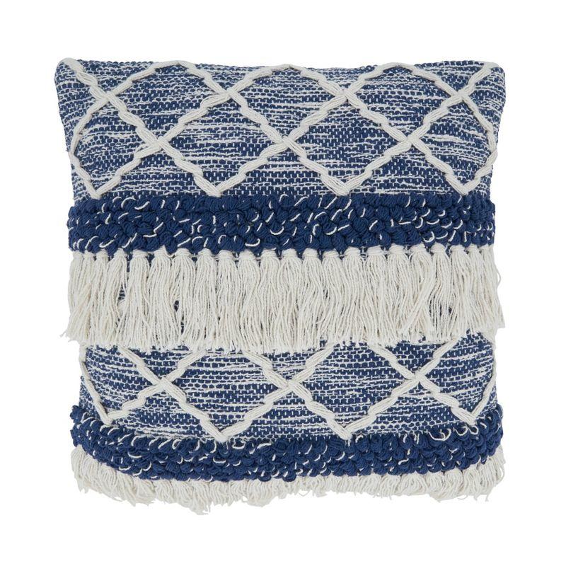 Navy and White Cotton Fringe Moroccan Square Throw Pillow