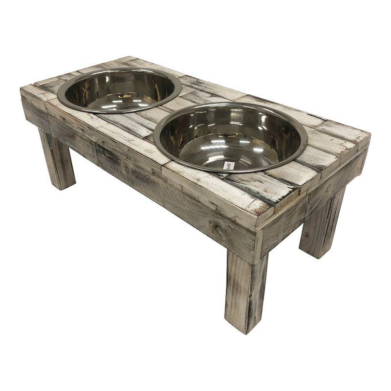 Huntley Pet Berjen Table Elevated Double Bowl Feeder, White Wash (Large)