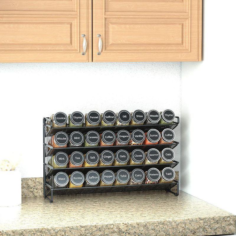 Spice Rack Organizer with 28 Spice Jars - Includes 386 Spice Labels, Chalk Marker, and Funnel Set for Cabinet, Countertop, Pantry, Cupboard, or Door & Wall Mount, 13.4" W × 10.8" H, Black