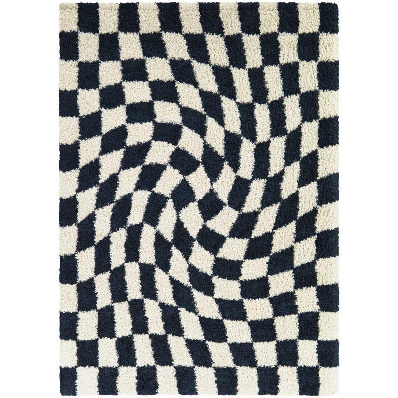 Navy and White Checkered Shag Kids' Rug