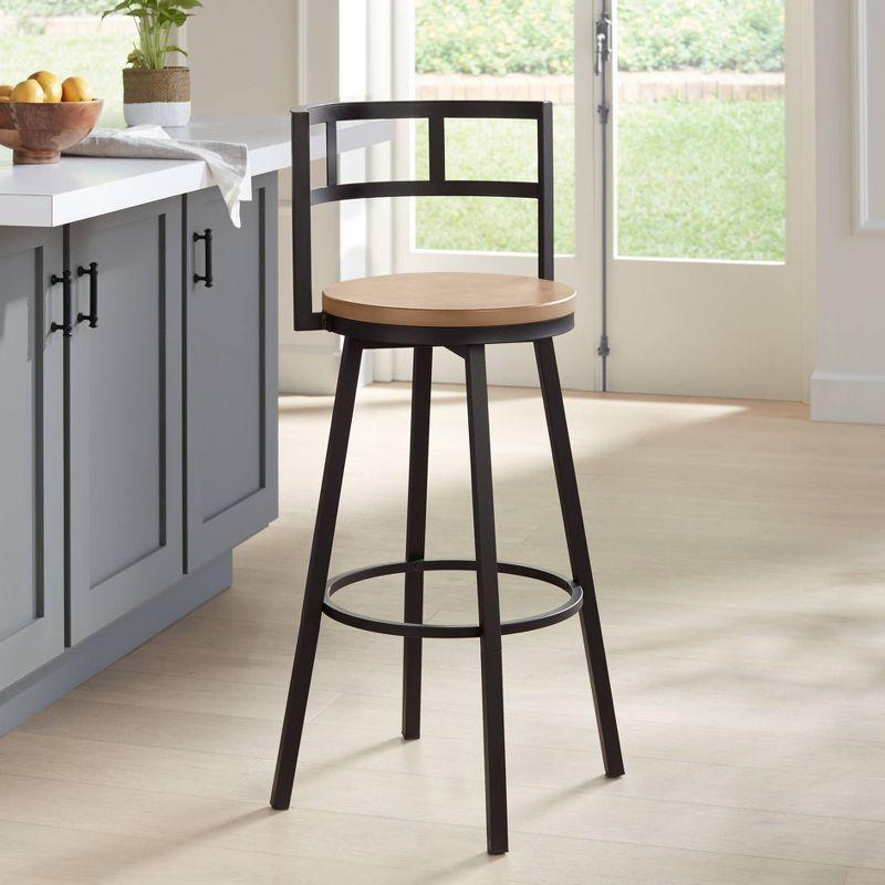 Elm Lane Latham Matte Black Swivel Bar Stool 25 1/4" High Industrial Roark Gray Wood Seat with Backrest Footrest for Kitchen Counter Height Island