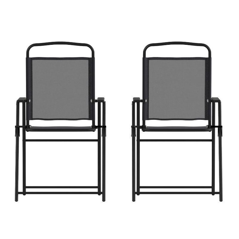 Set of 2 Black Folding Patio Sling Chairs with Armrests