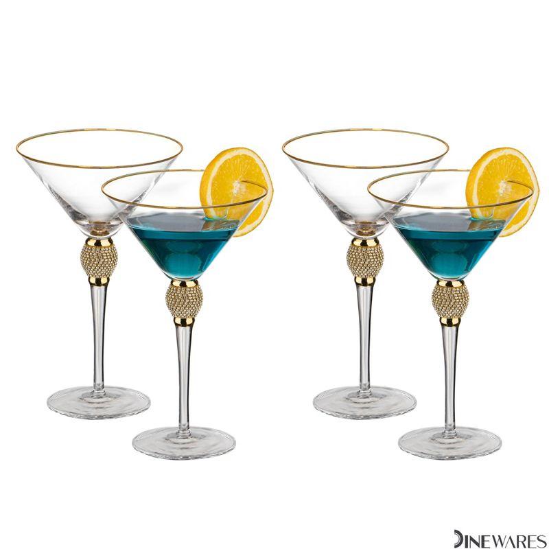 Dinewares Clear Stem Crystal Martini Glasses with Rim and Diamond-like Rhinestones, Elegant 10oz Glassware Set for Cosmopolitan Vodka, Gold Set of 4