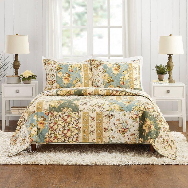 King Blue Cotton Reversible Floral Patchwork Quilt Set