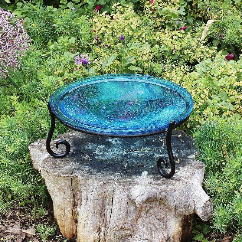 6"  Reflective Crackle Glass Birdbath Bowl with Short Stand II Teal Blue - Achla Designs