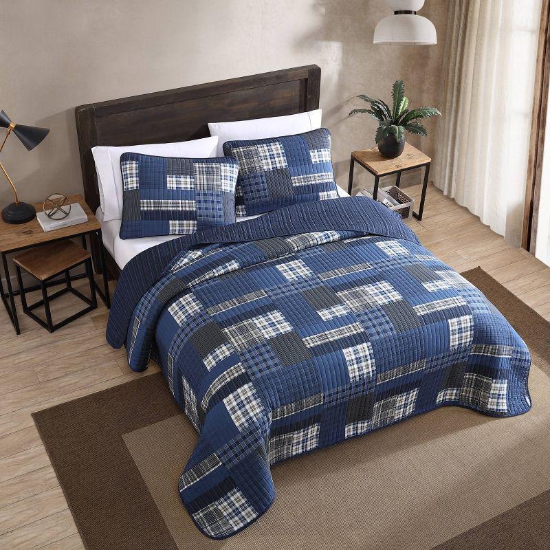 Full Blue Cotton Reversible Quilt Set