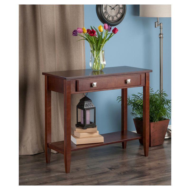 Richmond Console Table with Tapered Leg Walnut Finish - Winsome: Modern Storage, Brushed-Chrome Knobs