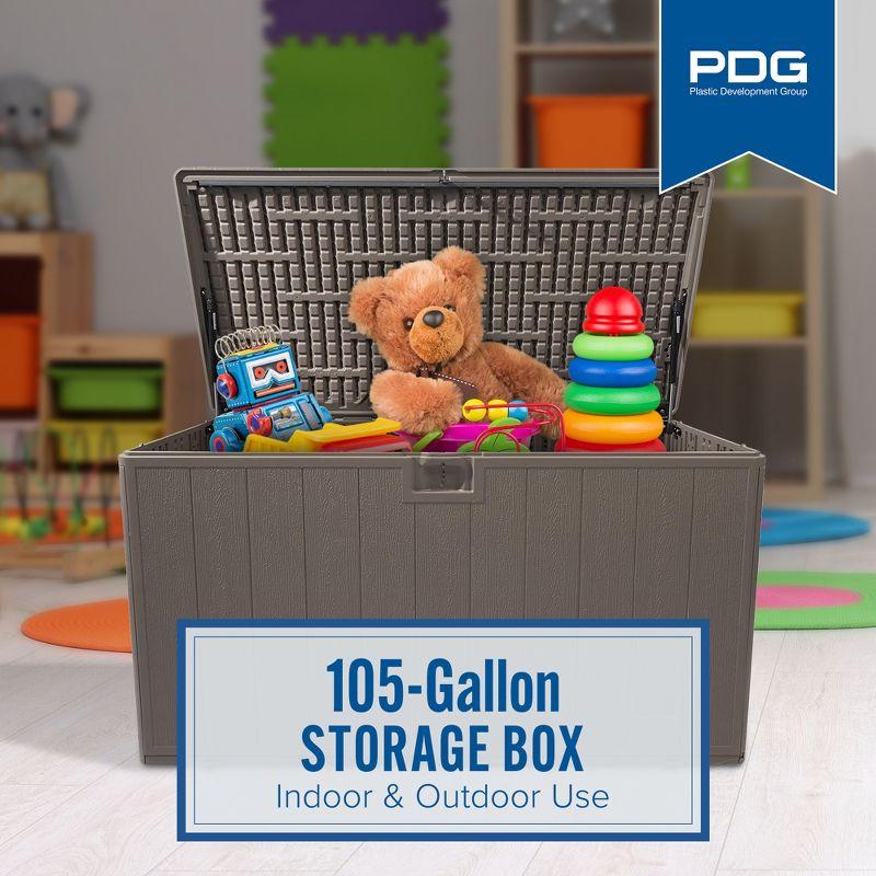 Plastic Development Group 105-Gallon Weather-Resistant Plastic Resin Outdoor Patio Storage Deck Box with Soft-Close Lid, Java Brown