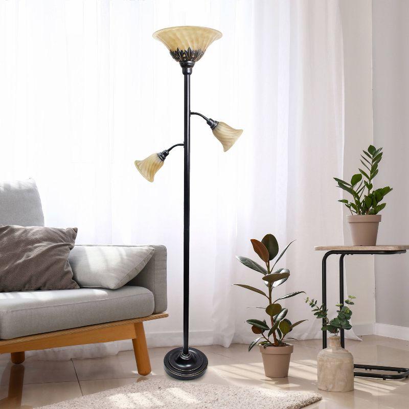 Torchiere Floor Lamp with 2 Reading Lights and Scalloped Glass Shades - Lalia Home