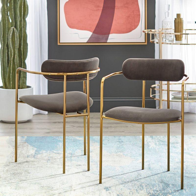 Buylateral Set of 2 Healey Retro Velvet Dining Armchairs Gray: Gold Tone Metal Frame, Mid-Century Modern Style