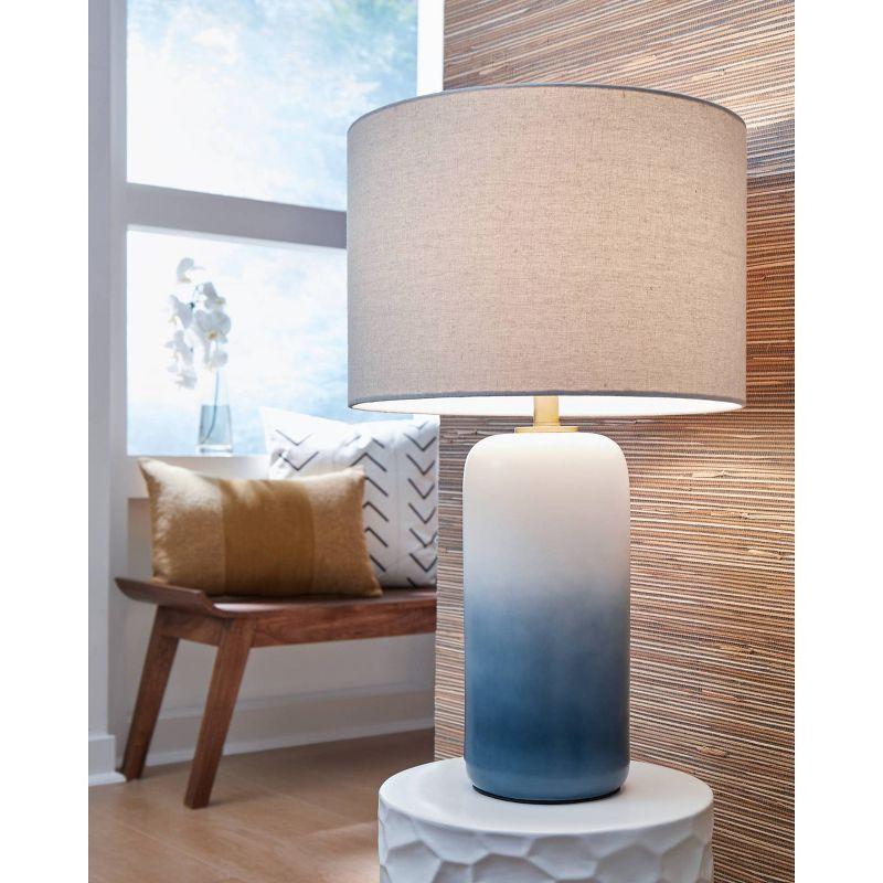 Signature Design by Ashley Lemrich Table Lamp Blue/White: Ceramic Base, Drum Shade, 3-Way Rotary Switch