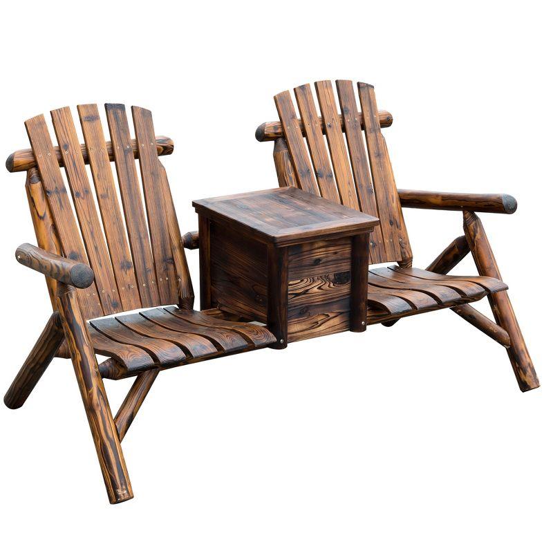 Outsunny Wooden Double Adirondack Chair Loveseat with Inset Ice Bucket, Table, Rustic Look, & Weather-Resistant Varnish